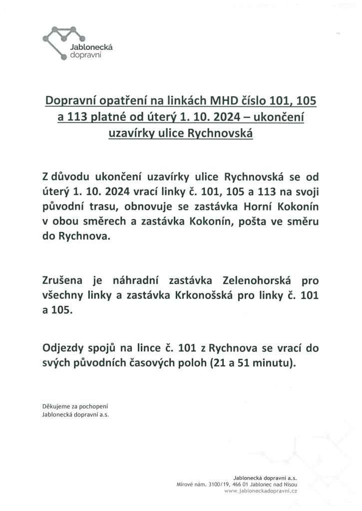 Dopravní optření na linkách MHD č. 101, 105, 113