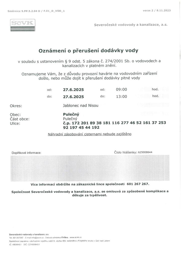 Oznámení o přerušení dodávky vody