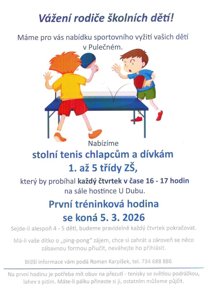 Stolní tenis pro chlapce a dívky 1. - 5. třídy ZŠ 
