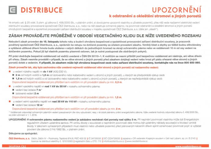 Upozornění k odstranění a okleštění stromoví a jiných porostů