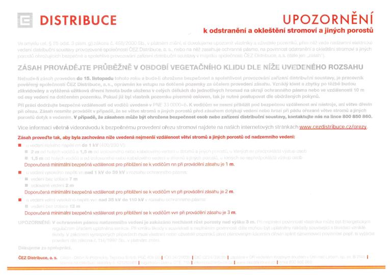 ČEZ Distribuce, a.s. - upozornění