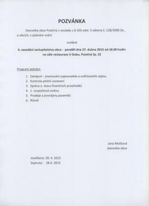 Pozvánka na 6. zasedání OZ dne 27. 4. 2015 1