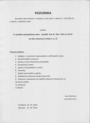 Pozvánka na 9. zasedání OZ dne 31.10.2016