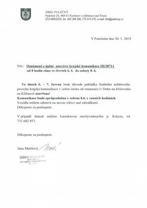 Oznámení o úplné uzavírce krajské komunikace III/28711