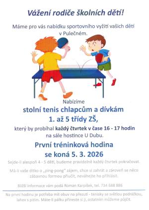 Stolní tenis pro chlapce a dívky 1. - 5. třídy ZŠ 